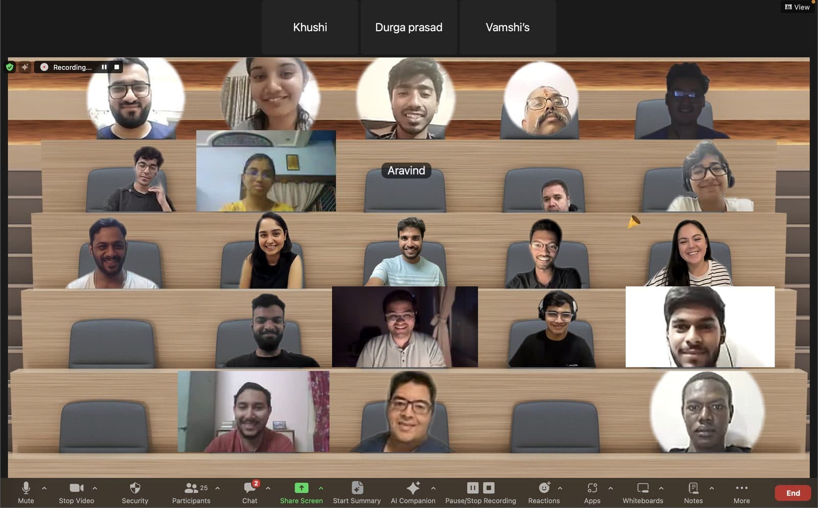 An online coworking session of the AI for Non-Tech community — a video-call gallery of members smiling at the camera.